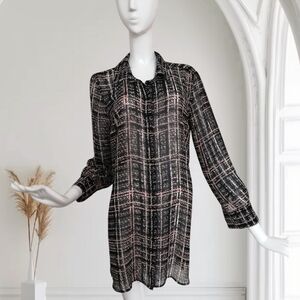 Women's Black and Pink Plaid Long-Sleeve Blouse
